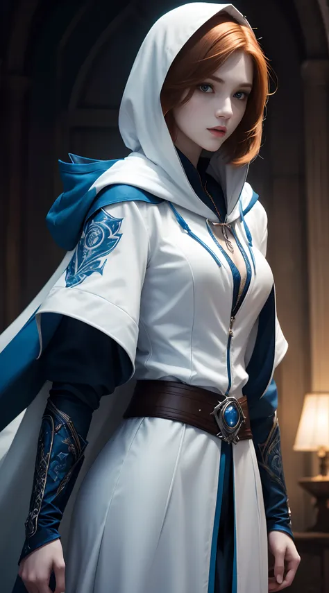 a beautiful 20 years old female vampire hunter with short straight ginger hair, pale skin, cheerful looking, wearing a white and blue hooded assassin outfit, waist up shot, dynamic pose, ambient lighting, photo realism, intricate face detail, intricate han...