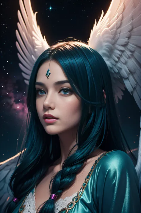 a woman with her hair down and with the face of an angel, in the style of cosmic fantasy, life-like avian illustrations, playfully intricate, luminous skies, dark teal and light magenta, serene faces, realistic color schemes