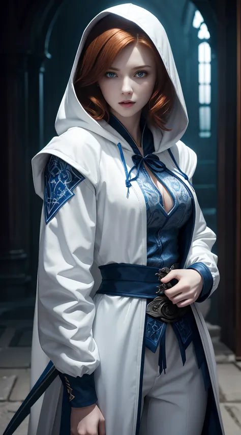 a beautiful 20 years old female vampire hunter with short straight ginger hair, pale skin, cheerful looking, wearing a white and blue hooded assassin outfit, waist up shot, dynamic pose, ambient lighting, photo realism, intricate face detail, intricate han...