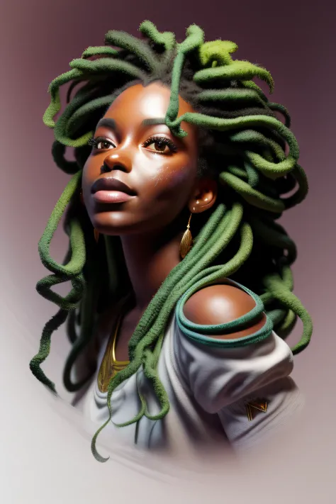 juventude colorida：Menina de 25 anos, cabelo de dreads verde, oil painted, rosto perfeito, rosto perfeito, imagem intrincada, tons de verde，Cor vermelha clara adicionada, 8K resolution，artstation pintura digital, its smooth and a lot of black ink flow ：obr...