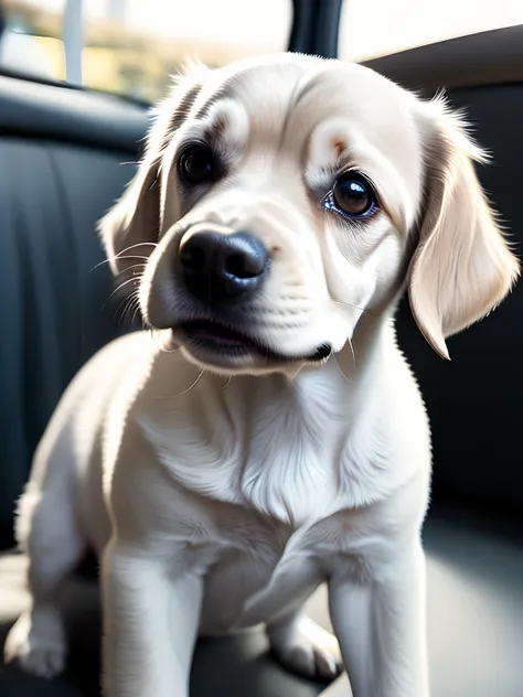 Foto em close-up de um filhote de cachorro ((no banco de tras do carro:1.2)) muito bonito na rua, branco, volumetric soft light, (luz de fundo: 1.3), (filme: 1.2), detalhes intrincados, (ArtStation: 1.3), Rutkowski