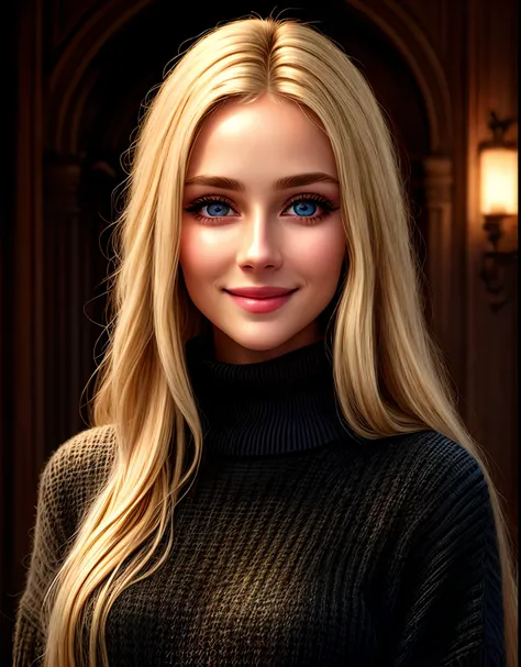 Masterpiece, absurdres,HDR ,highly detailed eyes and face,smiling, beautiful nod_woman, a woman with long blonde hair and a black sweater ,perfect nod_body,perfect nod_face,