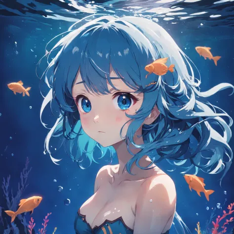 Gentle Night, girl underwater, blue hair, vivid eyes, reverie, Underwater background, the anime.