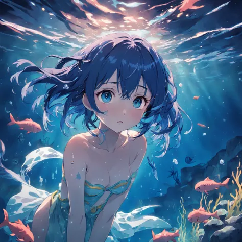 Gentle Night, girl underwater, blue hair, vivid eyes, reverie, Underwater background, the anime.