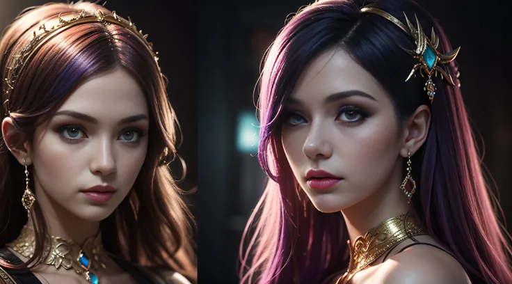 an image showing a beautiful woman with colorful hair, in the style of realistic fantasy artwork, gemstone, glamorous, rainbowcore, light gold and purple, bella kotak