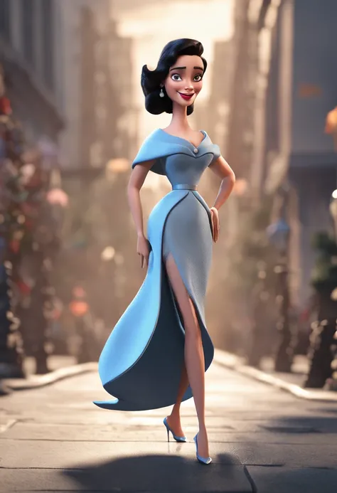 Full length image of a tal white hungarian woman from the 1950s, with a chanel black hair, dark brown eyes, blush, wearing a blue strapless dress and high heels. Shes standing with the right hand on the waist and waving the left hand, 3d render, Disney Pix...