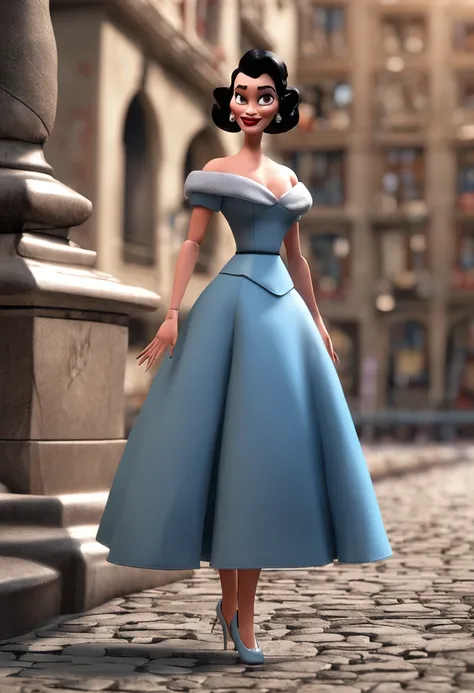 Full length image of a tal white hungarian woman from the 1950s, with a chanel black hair, dark brown eyes, blush, wearing a blue strapless dress and high heels. Shes standing with the right hand on the waist and waving the left hand, 3d render, Disney Pix...