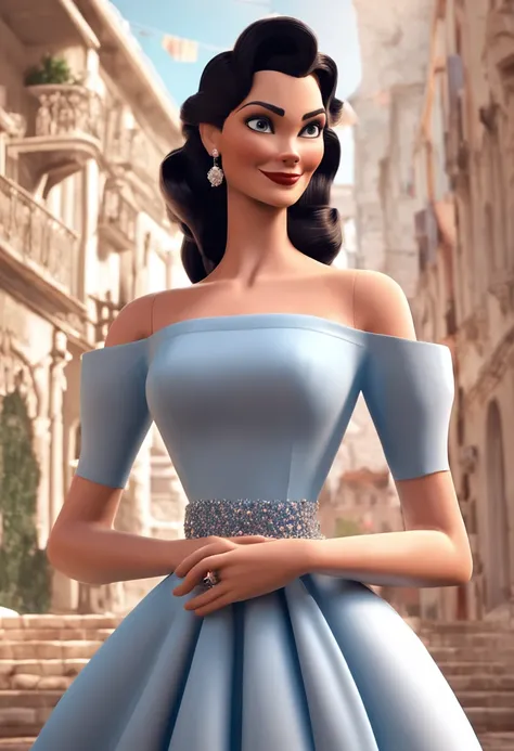 Full length image of a tal white hungarian woman from the 1950s, with a chanel black hair, dark brown eyes, blush, wearing a blue strapless dress and high heels. Shes standing with the right hand on the waist and waving the left hand, 3d render, Disney Pix...