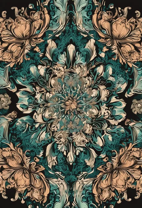 Beautiful repeating beautiful Kelsan flower pattern in gemstone tones, 3d effect, Ultra photo realsisim , Pinteles, the hexadecimal code color is 5abb9。, 63E2C6, FB6376, 613F75, 0C6291 only, flowing, wall-paper, artistic