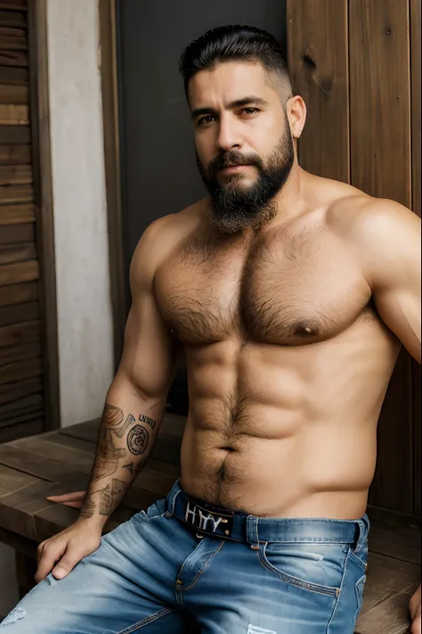 Um homem de 50 anos de barba grisalha, cabelo cortado estilo militar, sem camisa, battered jeans, corpo muito peludo, tatuado, barriga grande, (rosto detalhado:1.3), (hyper-realistic:1.3), galpao de estabulo, feno,