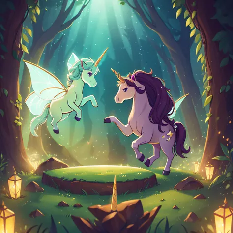 (best quality, high quality:1.3), CG, dramatic lighting, highly detailed, Bokeh, giant room, fully decorated, with magical creatures, dancing unicorns and flying fairies