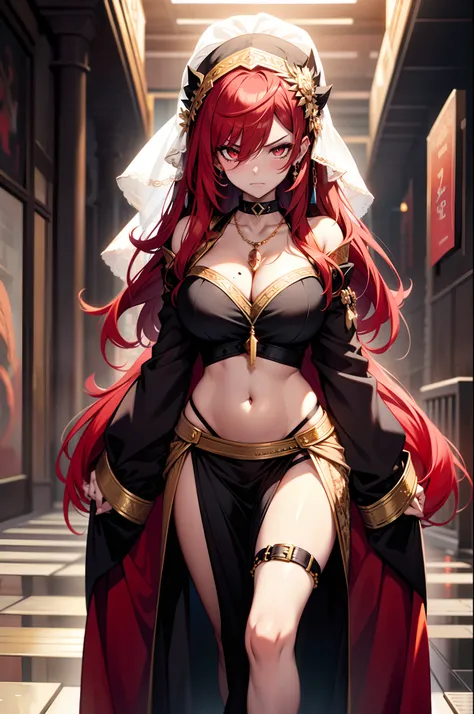 looking at viewer,embarrassed,blush,angry,，sandals,glint,halterneck,gold_choker, belly_chain,harem_outfit,navel, necklace, pelvic_curtain,revealing_clothes, veil，masterpiece,best quality,1girl,mature female,mature,long hair,red hair,red_hair,hime_cut,large...