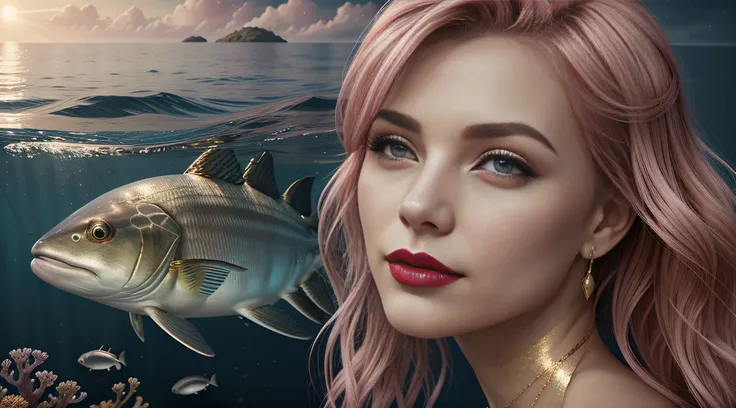 an image of a woman with pink hair and pink lipstick, in the style of hyperrealistic marine life, light gold and azure, dreamlike symbolism, enchanting realms, golden palette, zbrush, iconic album covers