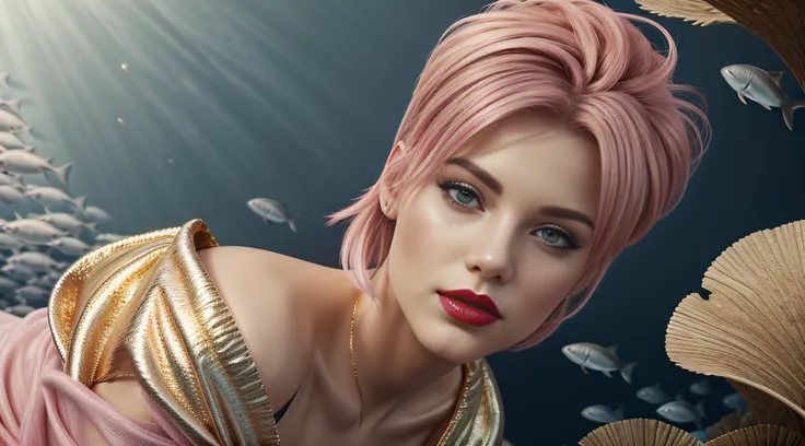 an image of a woman with pink hair and pink lipstick, in the style of hyperrealistic marine life, light gold and azure, dreamlike symbolism, enchanting realms, golden palette, zbrush, iconic album covers