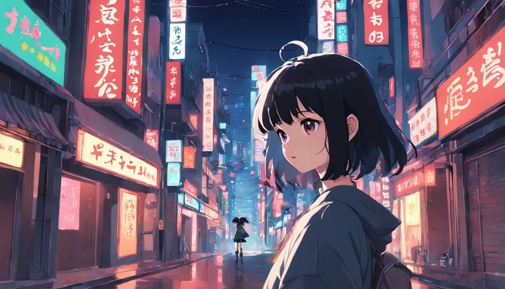 1girl in, A dark-haired, off shoulders, Animated scene of street with neon signs and buildings, lofi hip hop, lofi artstyle, lofi art, chillhop, lofi, anime movie background, koto no ha no niwa, Anime Background, lofi aesthetic, Wit Studio Anime, lofi albu...