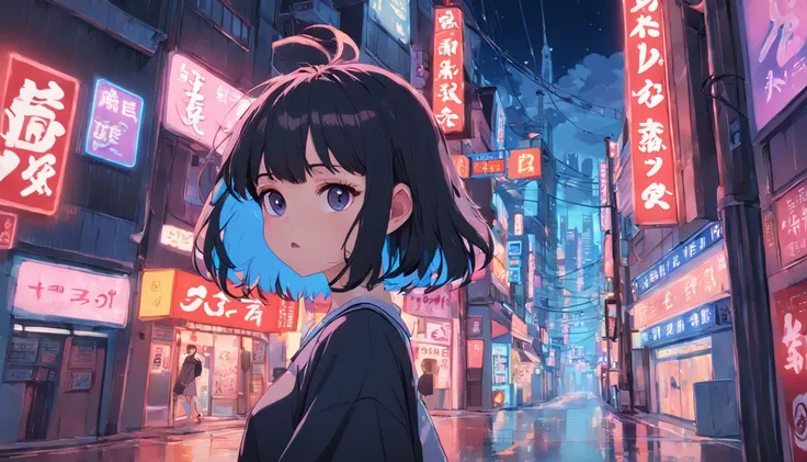 1girl in, A dark-haired, off shoulders, Animated scene of street with neon signs and buildings, lofi hip hop, lofi artstyle, lofi art, chillhop, lofi, anime movie background, koto no ha no niwa, Anime Background, lofi aesthetic, Wit Studio Anime, lofi albu...