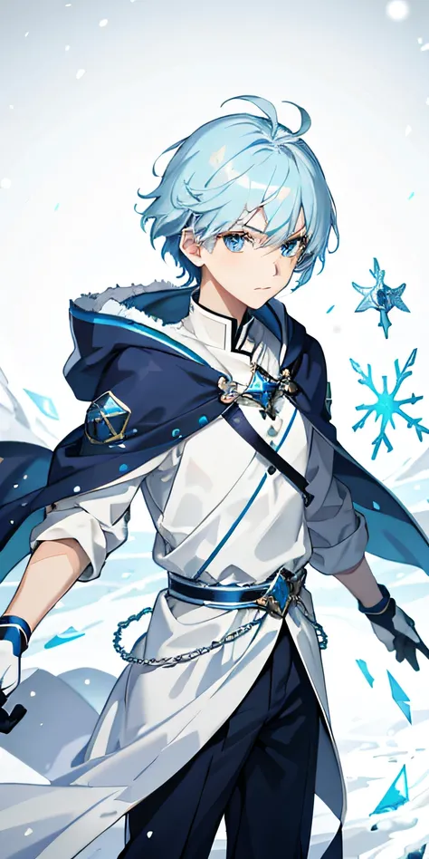 1 Young boy，Light blue anime short hair，blue color eyes，Blue and white delicate hood，Snowflake pattern，Serious expressions，It was snowing heavily，Ice Mage，tmasterpiece