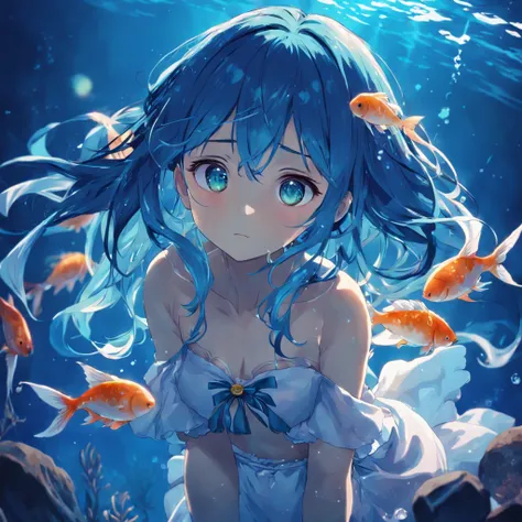 "Gentle Night, girl underwater, blue hair, vivid eyes, reverie, Underwater background, the anime. Bright colors"