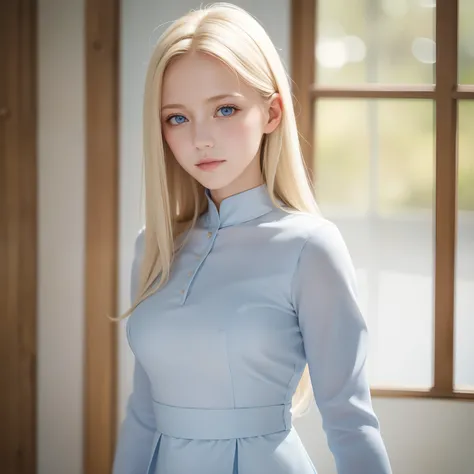 Nordic beauty、Beautiful blonde hair、clear pale blue eyes、FULL BODYSHOT、Beautuful Women、16 years old women、Neat and clean uniform、Dainty and classy cute girl、Girl in cute clothes in random colors、Full Body Angle、expressioness、smil、White skin、Random hairstyl...