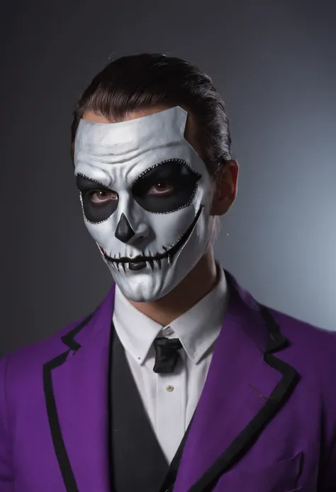 hacker wearing a purple suit with a black overcoat on top, with a neon halloween mask with the Greek letter Δ