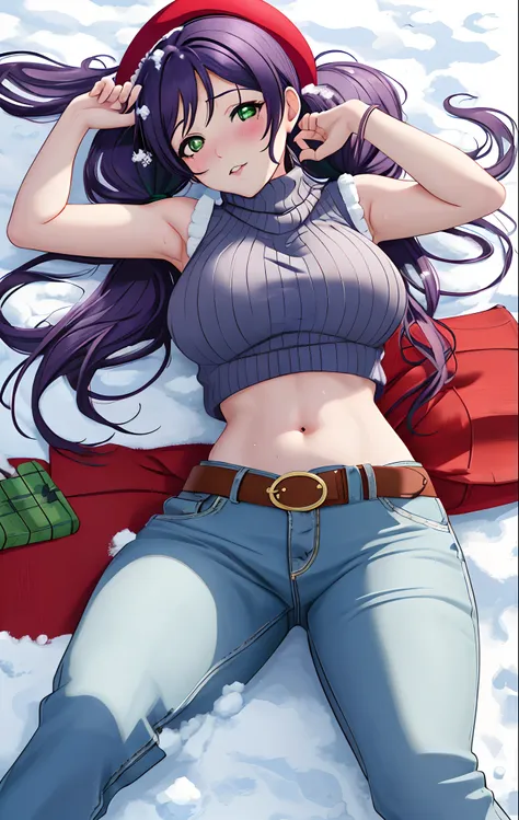 toujo nozomi, green eyes, low twintails, sweater, sleeveless,midriff,(sexy navel),red moist navel,denim pants,belt, hips, llchar...