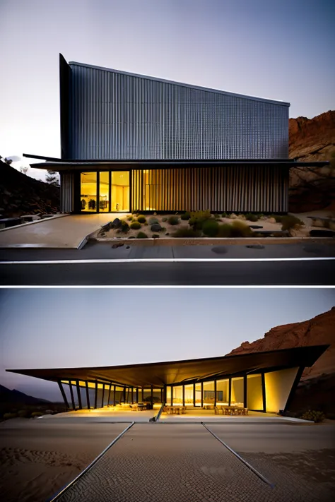 A desert restaurant designed by Tadao Ando、Moon Night、85 mm、F1.8、portlate、photoRealstic、hyper realisitic、Orante、ultra-detailliert、Convoluted、Dramatic、Sunset lighting、shadowy、High dynamic range