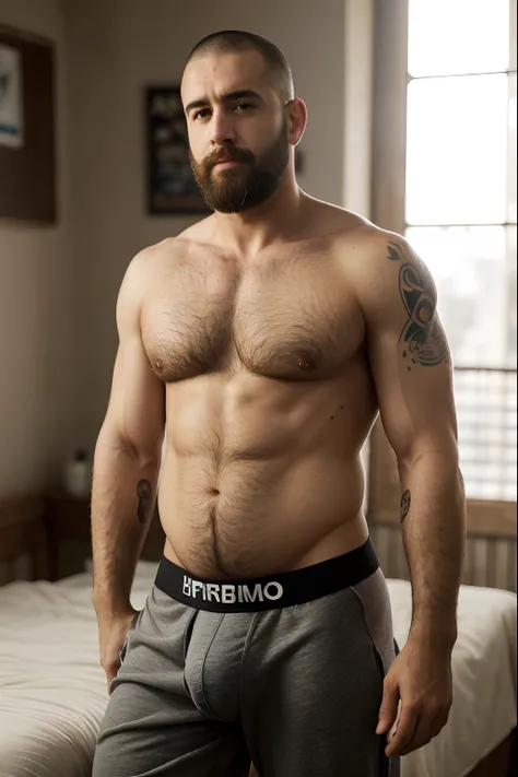 Um lenhador obeso de 60 anos, barba e cabelos grisalhos, cabelo cortado estilo militar, sem camisa, boxer underwear, (((peitoral muito peludo))), tatuado, (((barriga grande))), (rosto detalhado:1.3), (hyper-realistic:1.3), fabrica abandonada e suja, 8k