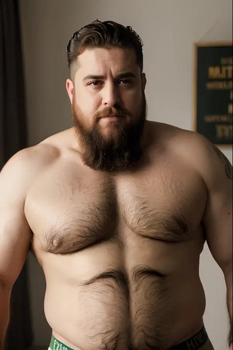 Um (((lenhador gordo))) de 60 anos, barba e cabelos grisalhos, cabelo cortado estilo militar, sem camisa, boxer underwear, (((peitoral muito peludo))), tatuado, (((barriga grande))), (rosto detalhado:1.3), (hyper-realistic:1.3), fabrica abandonada e suja, ...