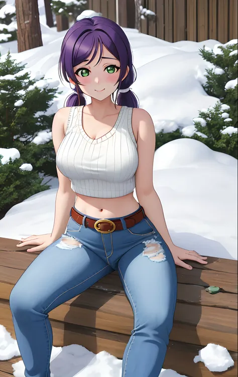 Toujo nozomi, green eyes, low twintails, sweater, sleeveless,midriff,(sexy navel),red moist navel,denim pants,belt, hips, llchar,big breasts, outdoors, arms behind,snow, blushing, sitting,spread legs