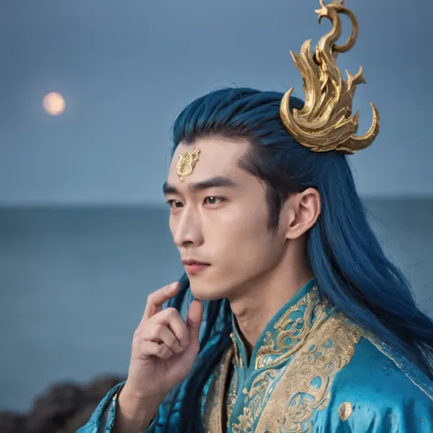 Xiao Zhan，Long blue hair，Take the Poseidon Trident，Wear a golden holy robe，cool guy，Melon seed face，Asian face，The background shows the sea under the big moon，The time is evening，Sparkling