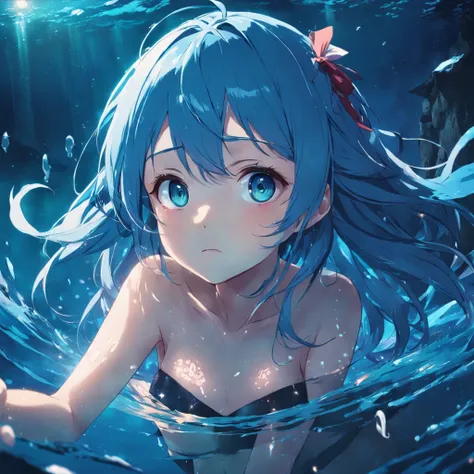 Night softness, Girl in the water, blue hair, vivid eyes, reverie, Underwater atmosphere, the anime, Living colors.