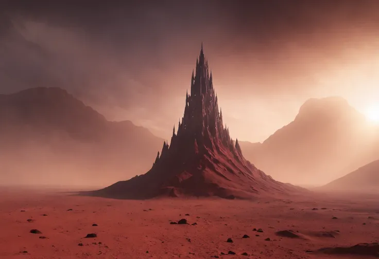 um deserto de areias brancas, com uma grande torre demoniaca ao fundo e um grande buraco negro vermelho a cima dessa torre, sci-fi horror, dramatic lighting, 4k, arte conceitual, altamente detalhado, Volumetric lighting, global ilumination, octan render, E...