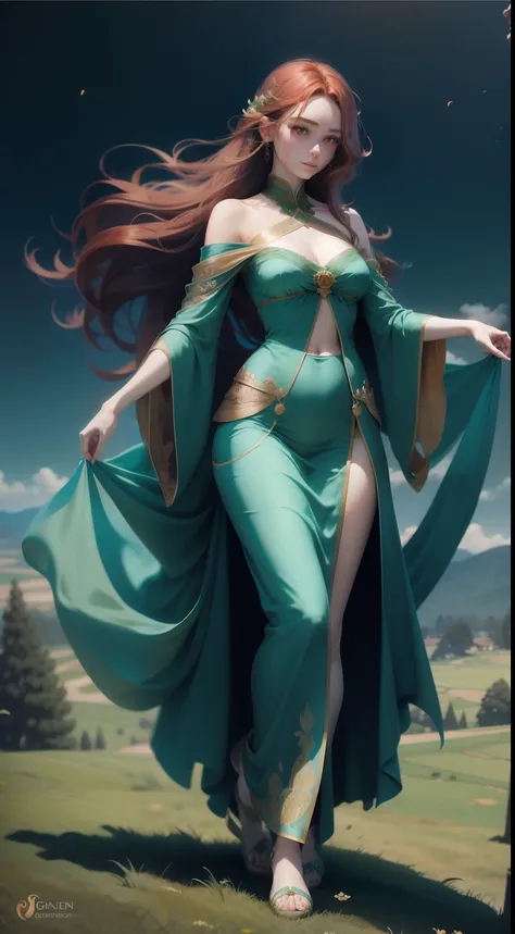 auburn hair，Slender palatial woman, Decorated with flowing emerald silk robes, Stand on top of a meadow hill，The view is majestic.