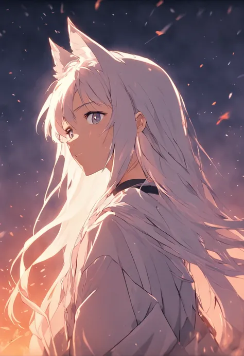 Need，tmasterpiece，youth，White，cat ear，black cloaths，quadratic element，vivaciousness，long  white hair，SideBraid，Overlooking，ssmile，Gentle light，setting sun，evening light，closeup cleavage