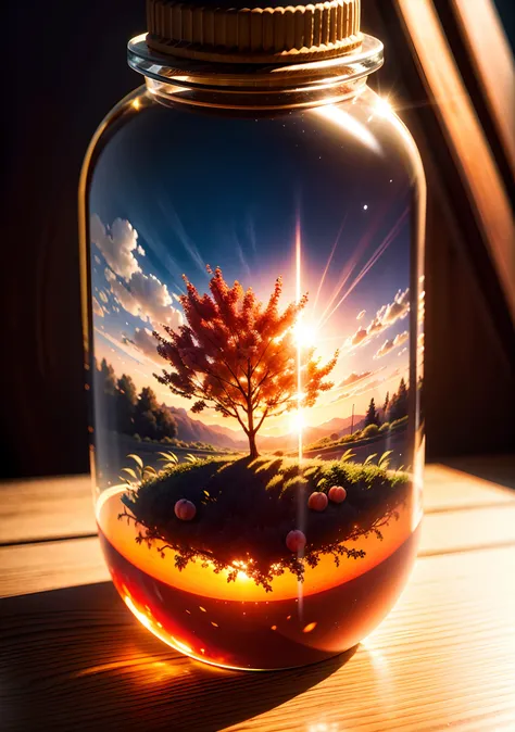 Inside a glass bottle is a peach tree，Frontal photo，Photographic grade，Dynamic Surrealism, high detail, Cubism, god rays, vignetting, glowing light, UHD, masterpiece, ccurate, super detail, high details, high quality, best quality, highres, 8k