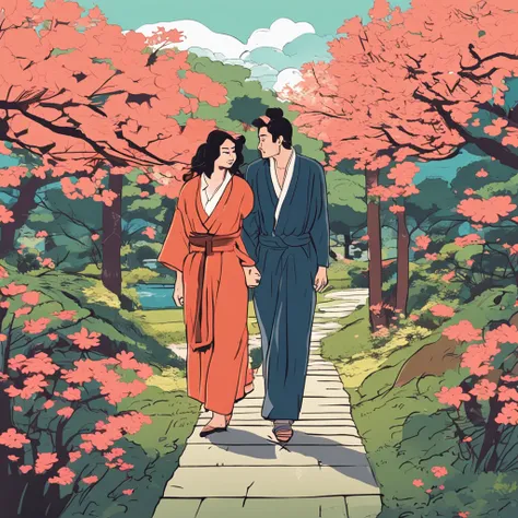 A romantic couple walking together in a Japanese spring garden, Garota estatura baixa ela tem cabelo castanho e o Garoto Alto ele tem cabelo preto. Anime flat illustration art style ::Semente 9898