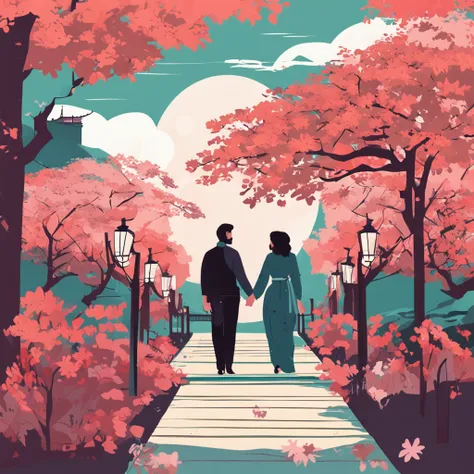 A romantic couple walking together in a Japanese spring garden, Garota estatura baixa ela tem cabelo castanho e o Garoto Alto ele tem cabelo preto. Anime flat illustration art style ::Semente 9898