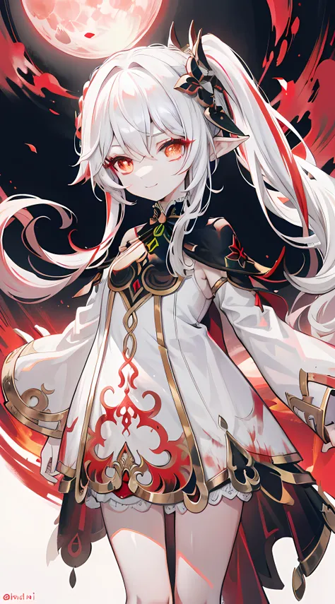 Nahida_Genshin,(White and red gradient hair),The cross in the pupil,default_dress,Blood red cloak,simplebackground，Blood Moon，Breath of death，Cold and powerful divinity，A sense of majesty,starrysky，demonic smile，Black and white main tone，Red decorative pat...