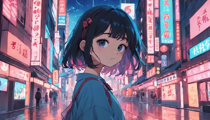 1girl in, breastsout, A dark-haired, off shoulders, Animated scene of street with neon signs and buildings, lofi hip hop, lofi artstyle, lofi art, chillhop, lofi, anime movie background, koto no ha no niwa, Anime Background, lofi aesthetic, Wit Studio Anim...