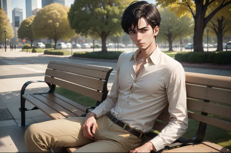 Ultra realistic 8k image of a slim 25 year old man, short black hair, dressed in a beige button-up blouse and beige pants, shame embarrassed expression, sitting on a park bench in the morning