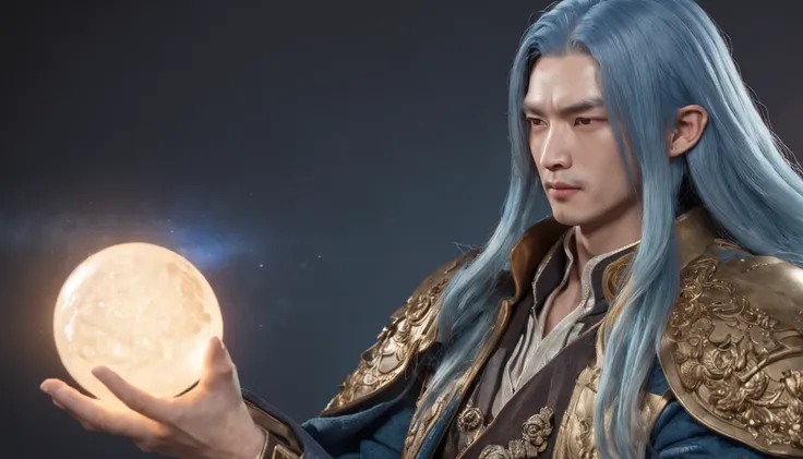 (professional 3d render:1.3) af (Realistic:1.3)，（Xiao Zhan），Long blue hair，（holding a gun），Wearing gold armor，cool guy，Goose egg face，Asian face，（The background shows the sea under the big moon），The time is early evening，Sparkling，夏天， (Global illumination,...