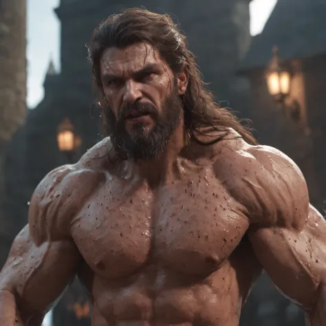 (professional 3d render:1.3) af (Realistic:1.3) most beautiful artwork photo in the world，Features soft and shiny male heroes, ((Epic hero fantasy muscle man rough wet hero angry looking long hair short beard and ferocious expression in dynamic pose, Fanta...