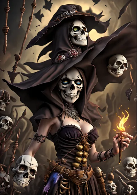 (A necromancer witch surrounded by skeletons.), master piece, HDR, UHD, 64k, highly detailed, professional photography by Sergio Nogueira, Unreal Engine, vivid colors, Hi-Res Scan --auto --s2