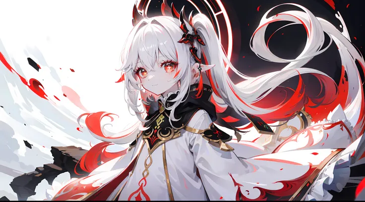 Nahida_Genshin,(White and red gradient hair),The cross in the pupil,default_dress,Blood red cloak,simplebackground，Blood Moon，Breath of death，Cold and powerful divinity，A sense of majesty,starrysky，demonic smile，Black and white main color，Red decorative pa...