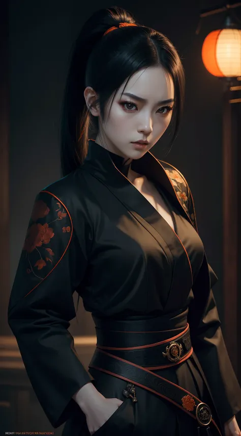 a beautiful 25 years old Japanese female vampire with ponytail black hair, pale skin, serious looking, wearing a black and orange assassin outfit, waist up shot, dynamic pose, ambient lighting, photo realism, intricate face detail, intricate hand details, ...