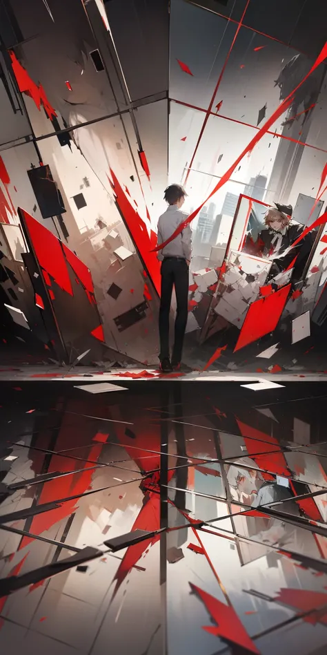 Broken mirror，mirrored image，figure，Red and white，Artistic sense，conflict，disrupt，Fragmented picture，Large and small fragments，separate，In the middle of the picture is a man dressed in white