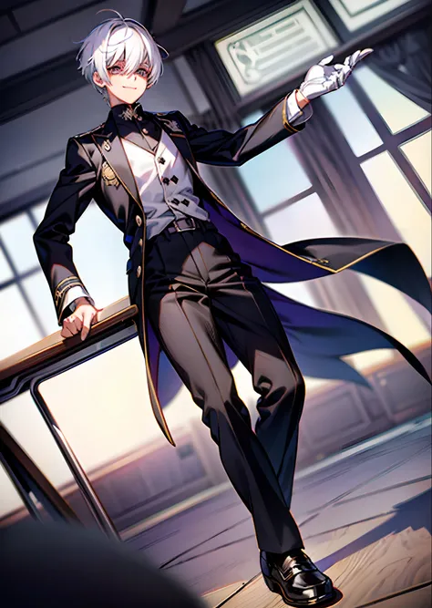 solo, (((anime boy white hair))), (silver eyes), ((bangs)) ((cool and confident)), (confident smile), (shadow over eyes), (((traditional black school uniform))), ((classroom in background)), ((high quality)), (extremely detailed)