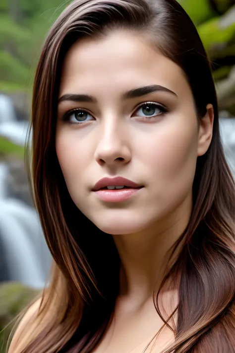 cinematic, nordic woman, incredible nordic nature scene, waterfall background, detailed facial features, realistic skin, natural...