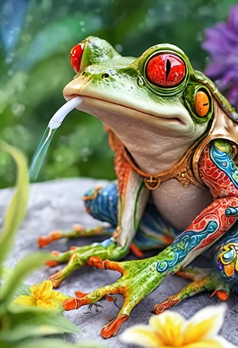 A HUMANOID FROG smoking canabis, a big joint in the mouth, multicolored skin, nice and detailed fascinations, captivating look, trippy, human frog smoking a big joint of canabis, lot of white smoke, very big red eyes, with natural and bright light, a human...