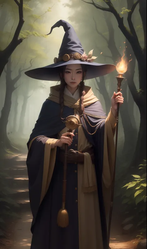 top-quality、Camera image quality、Masterpiece、in woods、1womanl、sorcerer、holding an cane、Wizard Hat、Wearing a robe、Having a spell document